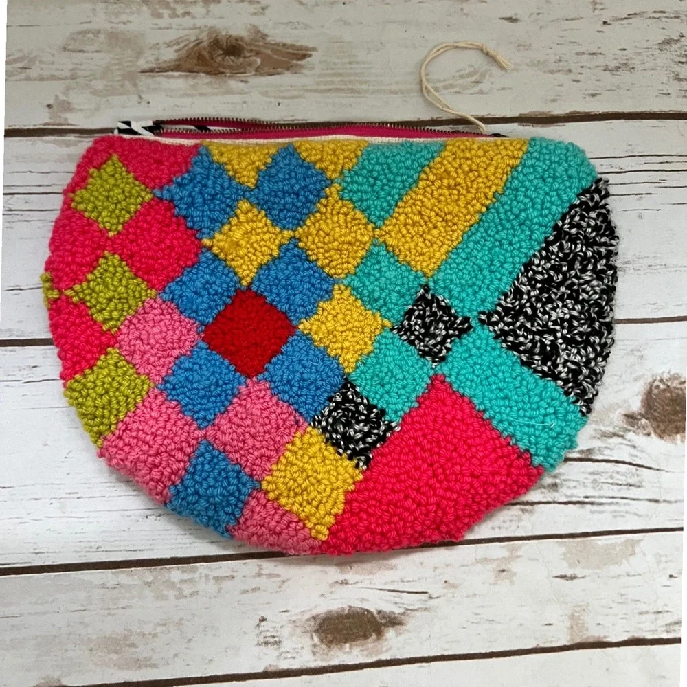 Handmade Clutch Multi-color Punch Needle Tufted Checkered Large OS